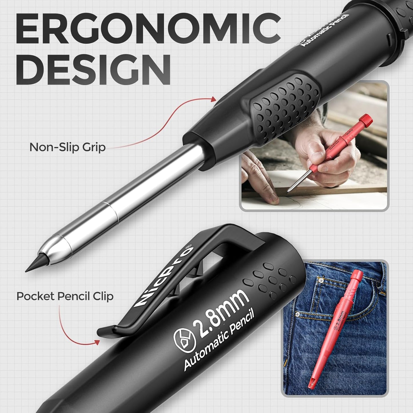 Nicpro CP3000 Carpenter Pencil with Sharpener, 2 Pack Mechanical Pencils Set with 38 Refills, Deep Hole Marker for Construction, Heavy Duty Carpenter Tools for Architect Marking (Black, Red)