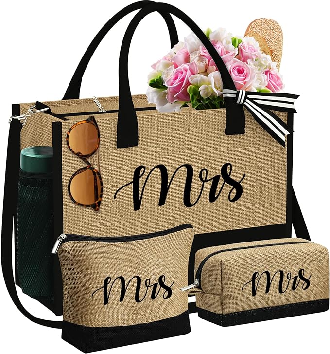 YOOLIFE Christmas Gifts for Women - Initial Jute Tote Bag & 2 Makeup Bags Birthday Gifts for Women Mom Teacher Friend Sister