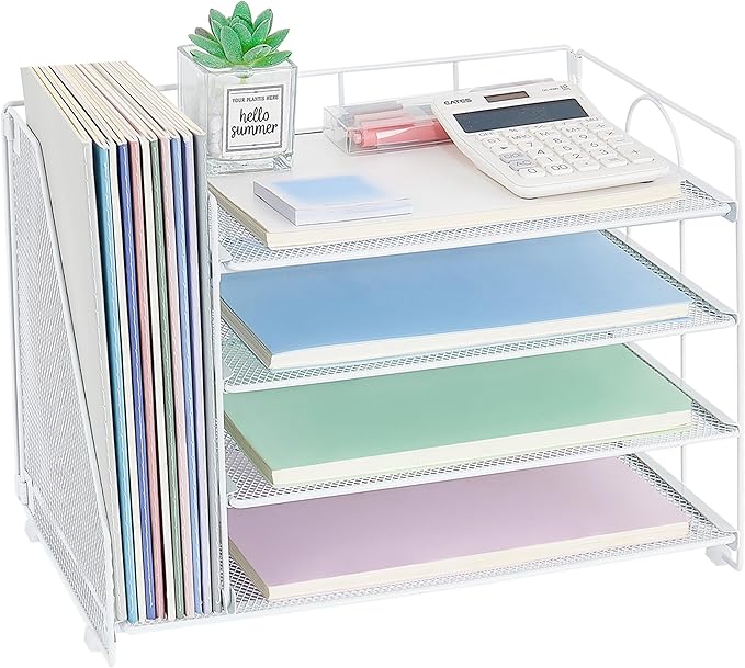 OPNCIE Desk Organizers and Accessories, 4 Tier Paper Letter Tray File Organizer, Office Organization Storage Desk Accessories Workspace Desktop Organizer for Classroom Office Supplies Decor, White