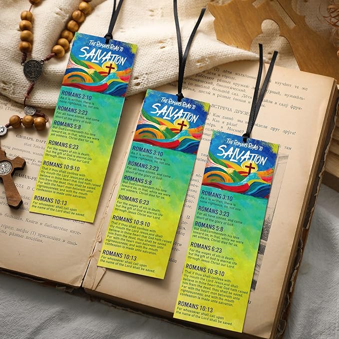 100 Pcs Romans Road to Salvation Bookmarks 6 x 2 Inches Roman's Road Cardstock Bookmark with 100 Pcs Hanging Strings