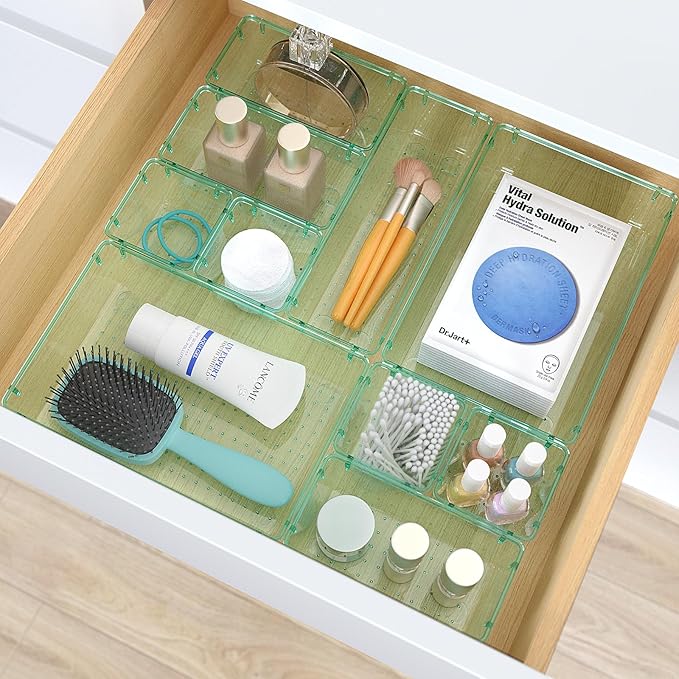13 PCS Clear Plastic Drawer Organizers Set, 4 Size Desk Drawer Organizer Trays for Makeup, Jewelry, Kitchen Utensils, Gadgets and Office Accessories, Sea Blue