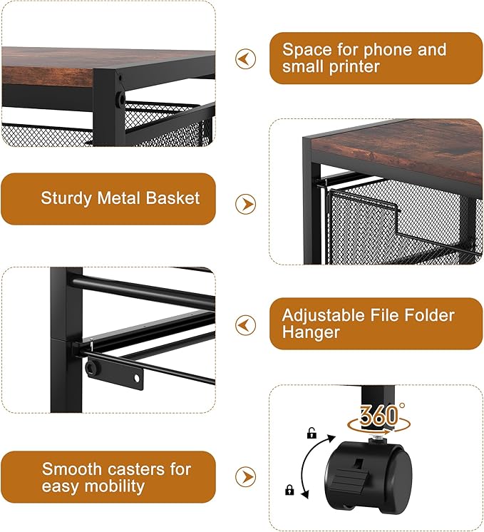 EasyPAG Rolling File Cart with Wheels Letter and Legal Size Hanging File Folder Rack Mobile File Folder Rack with Pull-Out Drawer for Home Office 1 Folder Rack and 1 Drawer, Black