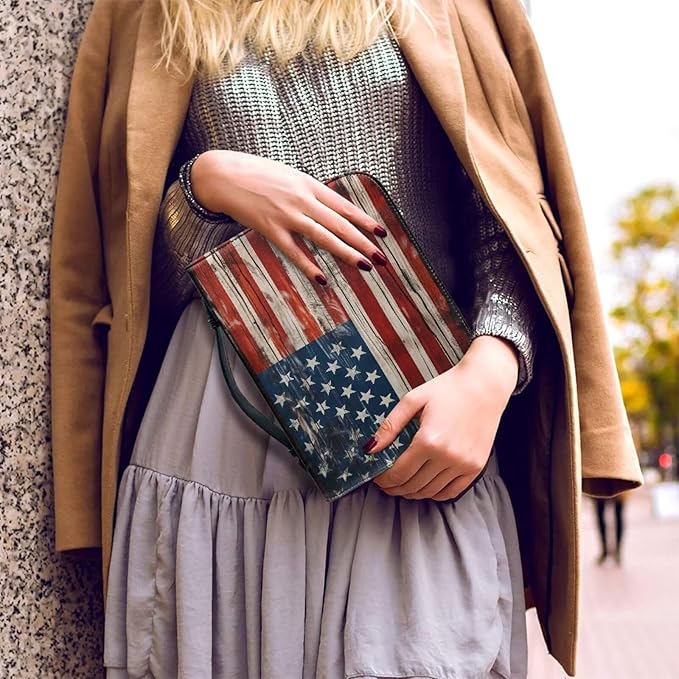 Lotusorchid American Flag Print Bible Case for Men, Zippered PU Bible Book Cover with Handle Pocket Portable Bible Cover Case Bible Cover Carrier Carrying Organizer Bag for Women, 2XL