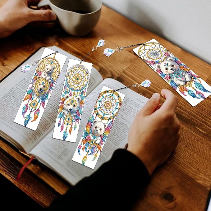 4 Pcs 5D Diamond Art Bookmarks for Book Lovers, Cute Animal Dreamcatcher Rhinestone PU Leather Diamond Crafts Bookmarks for Adults, Tassel Beaded Book Mark for Graduation Birthday Reading Present