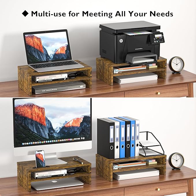 BONTEC Monitor Stand Riser, 2 Tiers Wood Monitor Riser Stand with Storage Organizer, Desktop Ergonomic Monitor Stand Riser with Cellphone Holder and Cable Management, 16.5 Inch Shelf, Vintage Brown