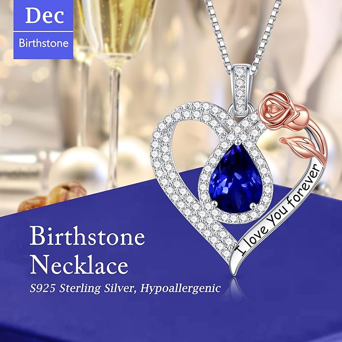 Hidepoo Christmas Gifts for Women Mom Wife - Sterling Silver Rose Heart Birthstone Necklace I Love You Forever Heart Pendant Teardrop Necklace Jewelry Anniversary Valentines Christmas Birthday Gifts