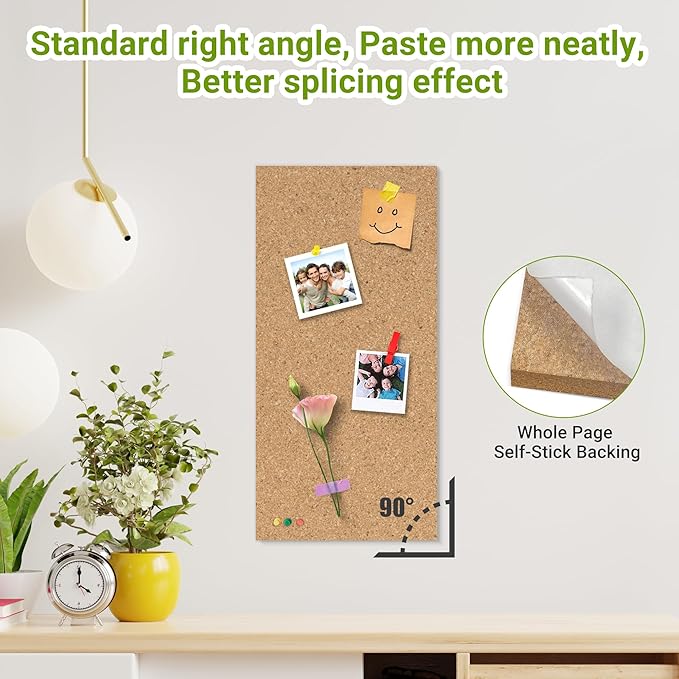 AKTOP Cork Board Bulletin Board 17"x8", 1/2" Thick Cork Board Tiles 10 Pack, Small Pin Board for Wall Decor, Self Adhesive Corkboards with 120 Push Pin Wood Clips for School, Home & Office