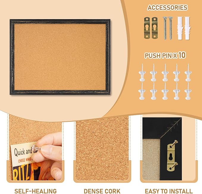 DOLLAR BOSS Cork Board for Office 30 X 20 Inches Cork Boards for Walls Bulletin Board, Decorative Hanging Pin Board Rustic Wooden Frame Vision Board Cork Notice Board for Office Home Decor, Black