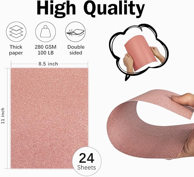 Rose Gold Glitter Cardstock 8.5x11 Double-Sided 24 Sheets, Goefun Gold No-Shed Glitter Paper 280GSM/100lb Pink Card Stock for Craft, Art, Invitation, Graduation, Wedding Party