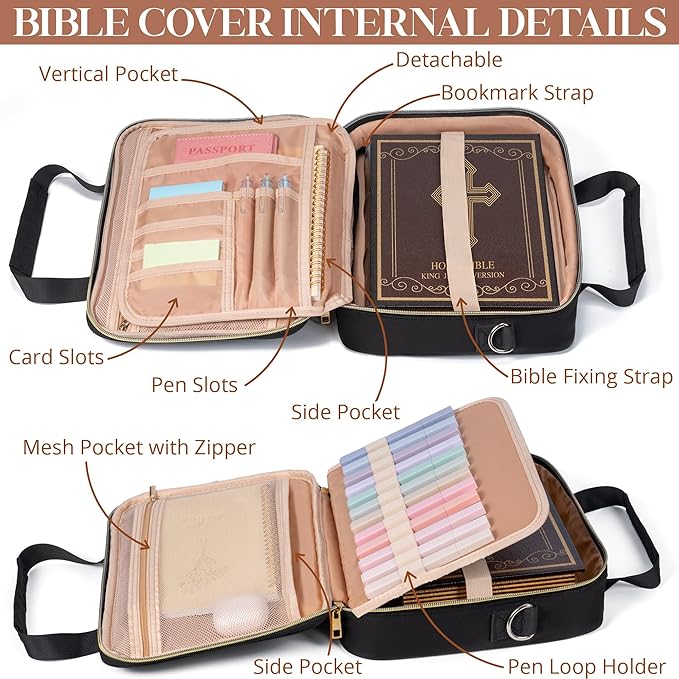 Bible Cover for Women Bible Case, Large Bible Bag w/Shoulder Strap, Bible Study Supplies Bible Journaling Kit Book Carrying Case with Bible Highlighters Tabs, Christmas Christian Gifts for Women Lady