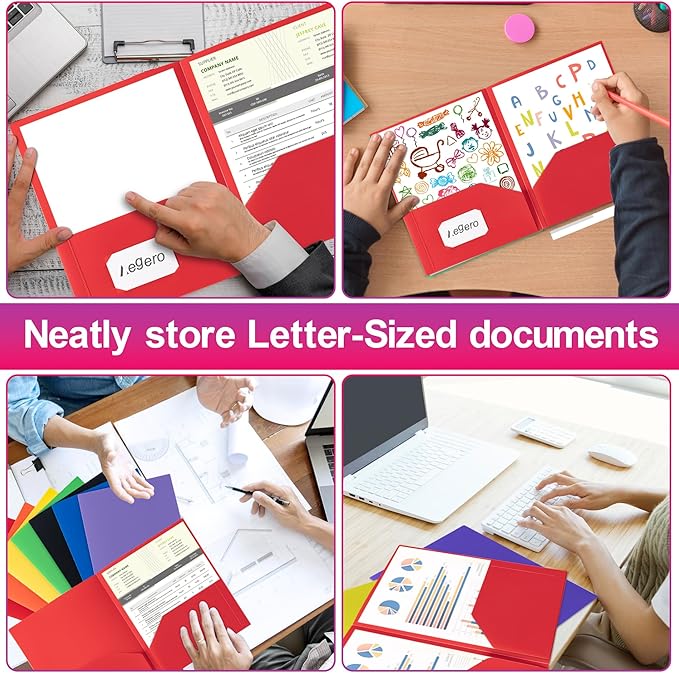 Plastic Folders with Pockets (12 Pack, Assorted Colors), Durable Heavy Duty File Folders with Business Card Slot, 2-Pocket Folder for Schoolwork & Office,Letter Size…