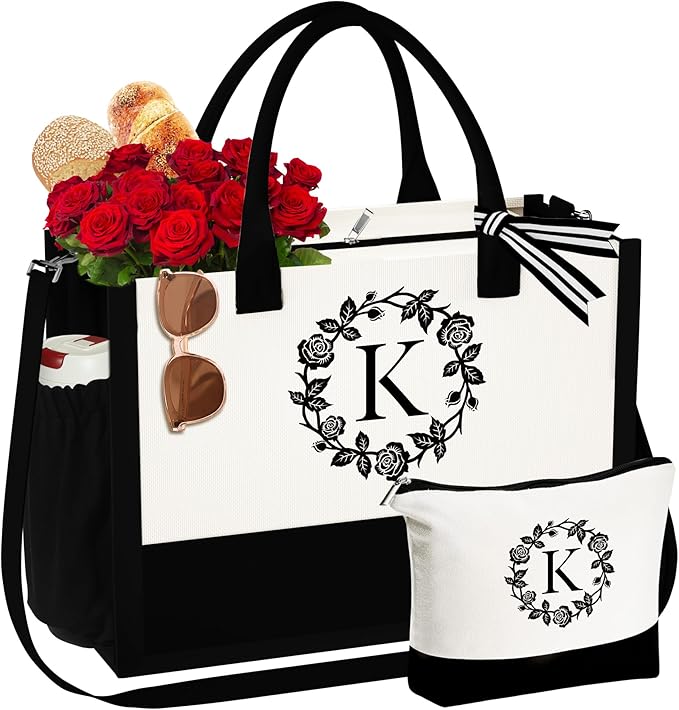 YOOLIFE Best Friend Birthday Gifts for Women, Initial Canvas Tote Bag Beach Bag Personalized Birthday Gifts for Women Her Mom Christmas Gifts for Her Teacher Friends Bridesmaid Proposal Gifts K
