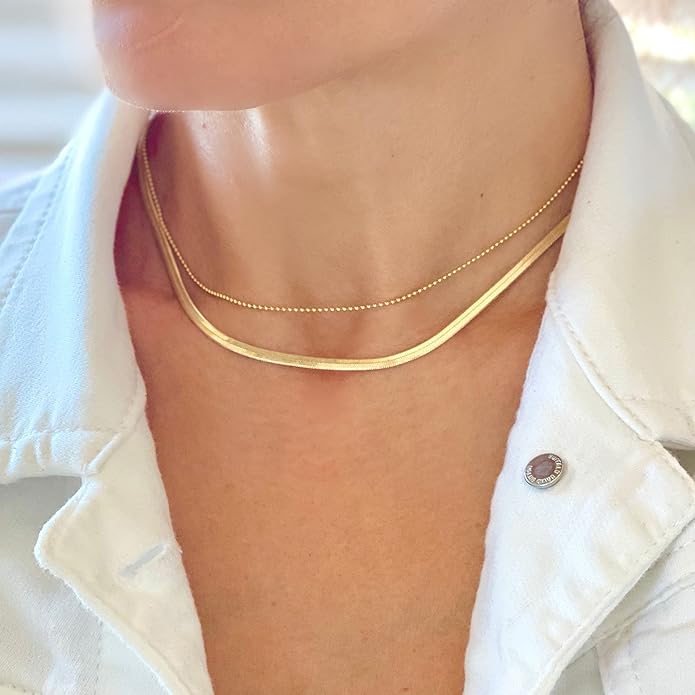 Herringbone Necklace for Women,Dainty Gold Necklace,14k Gold Plated Snake,Gold Chain Choker Necklaces,Simple Gold Layered Necklaces,Gold Jewelry Gift for Women