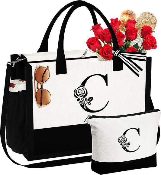YOOLIFE Christmas Gifts for Women - Initial Canvas Tote Bag & Makeup Bag Birthday Gifts for Women Mom Friend Teacher Sister