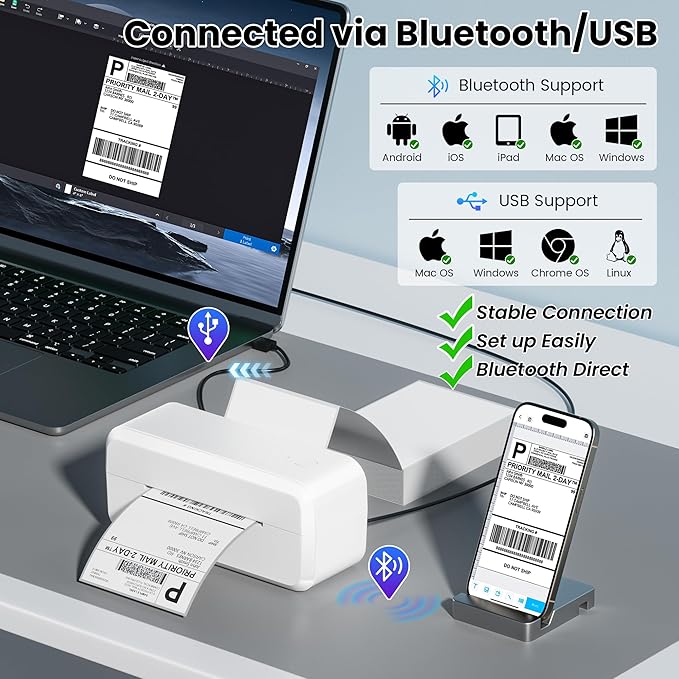 Bluetooth Thermal Label Printer, Shipping Label Printer for 4x6 Shipping Packages & Small Business, Compatible with IOS, Android, Windows and Mac, Widely Used for Ebay, Amazon, Shopify, USPS (White)