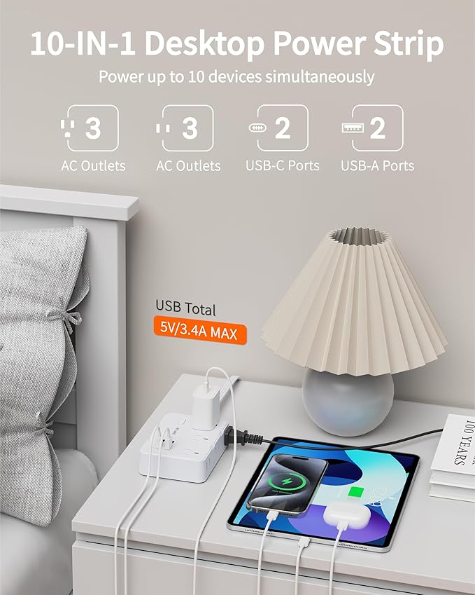 Surge Protector Power Strip with Flat Plug, 10 FT Extension Cord with 6 AC Outlets 4 USB Ports(2 USB-C),1050J Surge Protection, Wall Mountable Charging Station for Office, Home, White