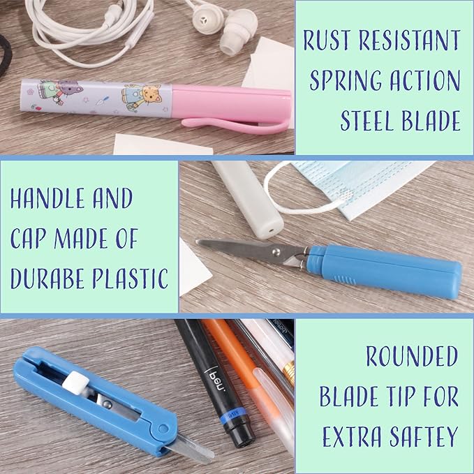 JubileeYarn Portable Travel Safety Scissors, Pen & Push Folding Style - Garden Kitty Pen, Light Blue Pen, Grey Push