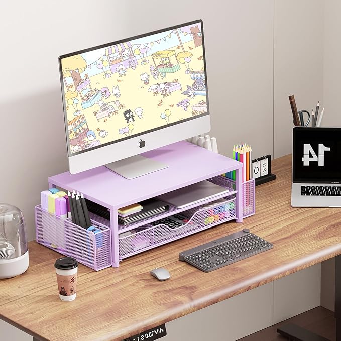 Desk Organizers and Accessories, 2-Tier Computer Monitor Stand for Desk Organizer with Drawer and 2 Pen Holders, Office Desk Accessories Workspace Desktop Organizers for Office Supplies, Purple