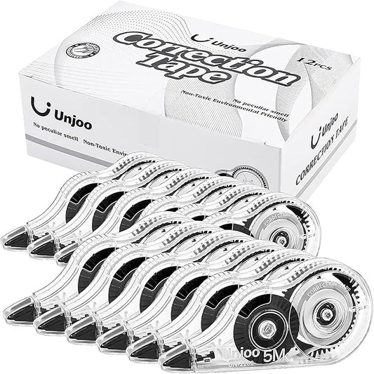 White Correction Tape, Easy To Use Applicator for Instant Corrections Wrong Writing At Any Time, For school, Office (12pack, 5M/196" x 0.2", Black)