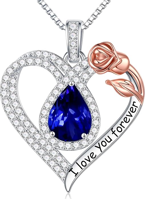 Hidepoo Christmas Gifts for Women Mom Wife - Sterling Silver Rose Heart Birthstone Necklace I Love You Forever Heart Pendant Teardrop Necklace Jewelry Anniversary Valentines Christmas Birthday Gifts