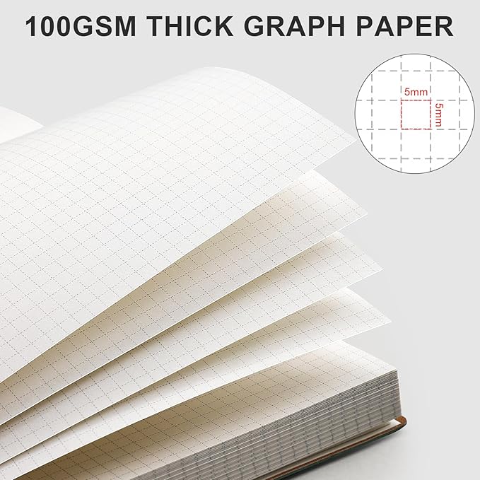AHGXG Graph Paper Notebook - 320 Pages Grid Paper Notebook Large Journal B5, 100gsm Thick Graph Paper, Leather Softcover, Inner Pocket, 7.6'' X 10''- Cyan