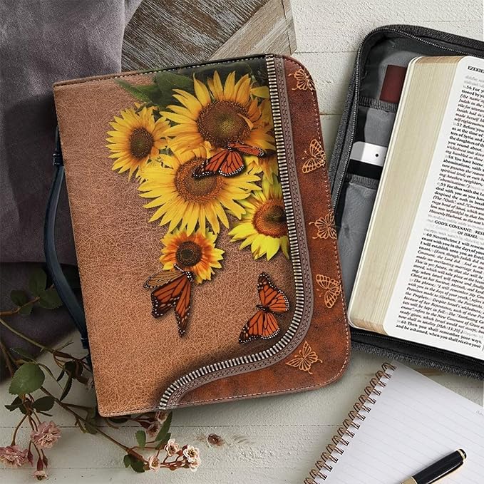 Lotusorchid Butterfly Bible Bags, Sunflower Faux Leather Bible Covers with Handle Pockets for Women, Portable Sturdy Bible Bag for Girls Ages 8-12, Christian Bible Study Accessories, Brown,M