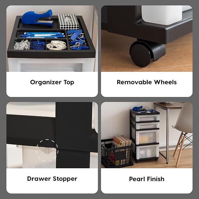 IRIS USA Plastic Drawer Storage Organizer Rolling Cart, with Wheels Casters, 4-Drawers, for Classroom Art Craft Supplies Dresser Closet Bathroom Bedroom, Top Organizer for Small Parts, Black/Pearl