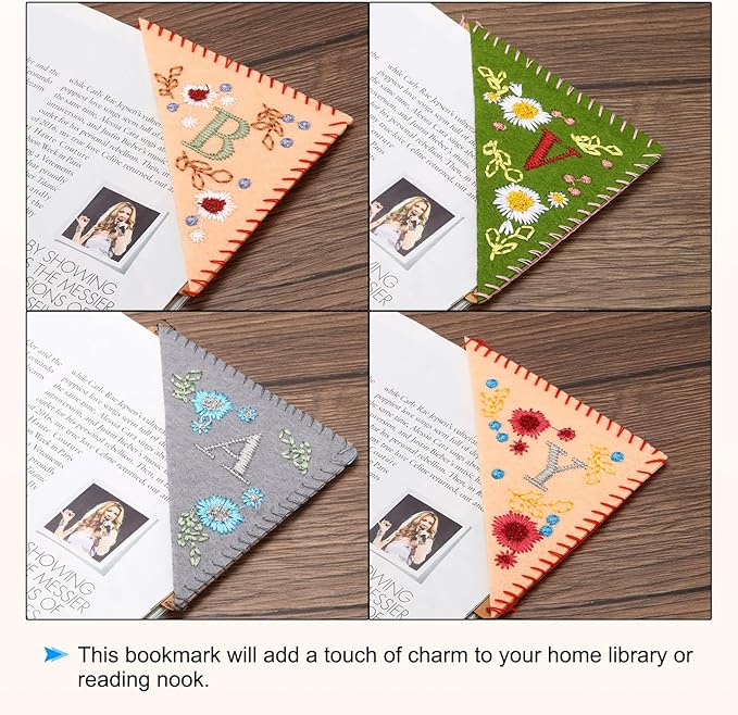 PATIKIL Personalized Embroidered Corner Bookmark, Cute Flower Felt Stitched Triangle Book Mark Page Marker for Women Men Book Lovers Teachers, Pink, Letter G