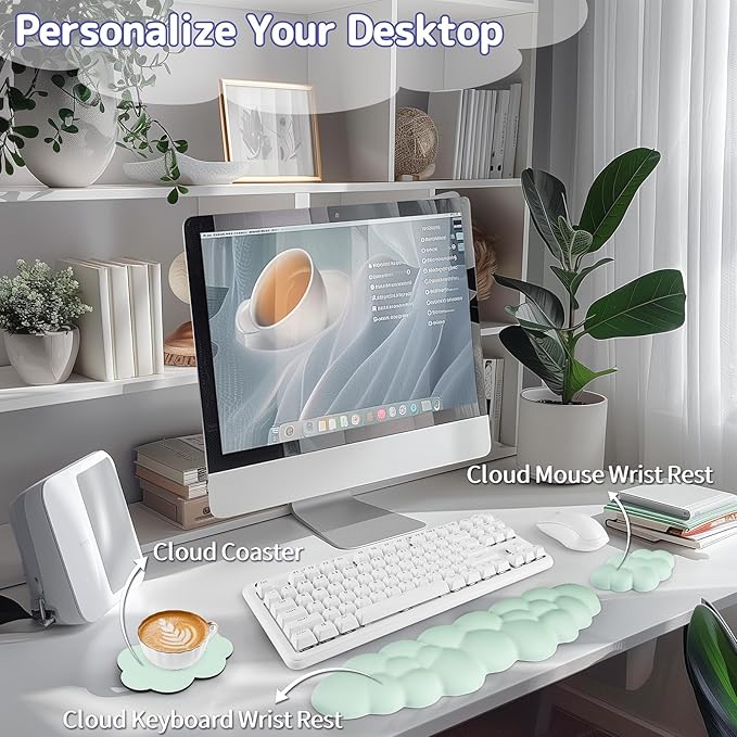 Cloud Wrist Rest Keyboard, Cloud Palm Rest Set with PU Leather Memory Foam, Cute Keyboard Rest for Wrist Support and Arm Rest, Desk Cloud Wrist Pad for PC/Gaming/Laptop/Computer-Light Green