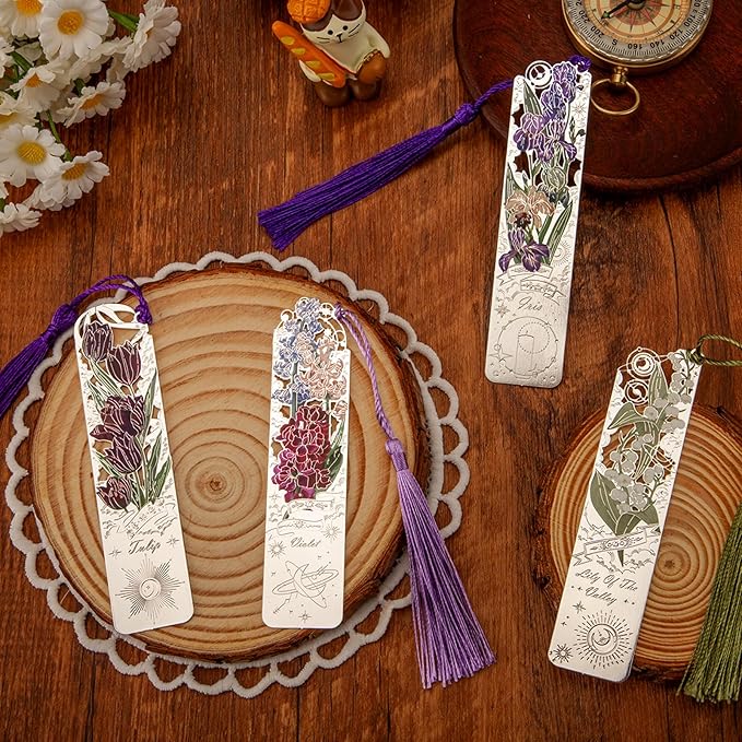 4 PCS Metal Bookmarks with Tassel, Iris, Violet, Tulip, Lily of The Valley Bookmark, Pretty Bookmarks for Women, Very Beautiful Bookmark, Metal Bookmarks Gifts, Graduation Gift(062-2)