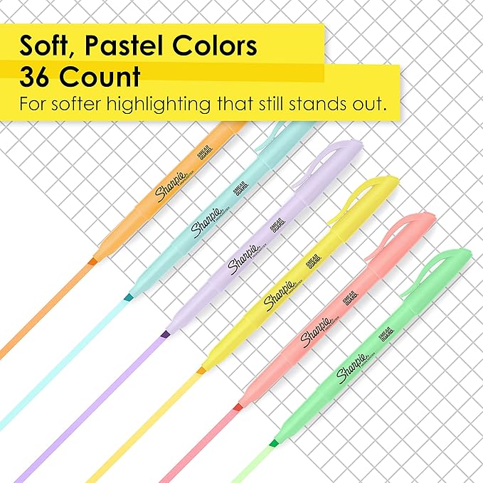 SHARPIE Pocket Highlighters, Mild Pastel Colors, Assorted, Chisel Tip, 36 Count