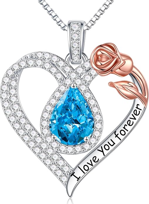 Hidepoo Christmas Gifts for Women Mom Wife - Sterling Silver Rose Heart Birthstone Necklace I Love You Forever Heart Pendant Teardrop Necklace Jewelry Anniversary Valentines Christmas Birthday Gifts