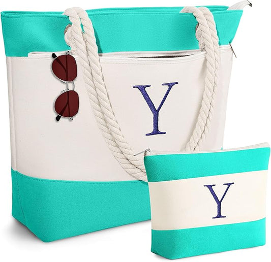 YOOLIFE Christmas Gifts for Women - Initial Canvas Tote Bag & Makeup Bag, Birthday Gifts for Women Mom Teacher Friend Sister