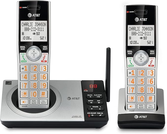 AT&T CL82207 DECT 6.0 2-Handset Cordless Phone for Home with Answering Machine, Call Blocking, Caller ID Announcer, Intercom and Unsurpassed Range, Silver