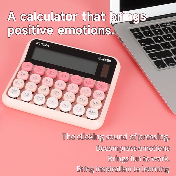 Mechanical Switch Calculator,12 Digits, Large LCD Display,Big Buttons,Solar and Battery Dual Power Mechanical Keyboard Desktop Pink Calculators,Cute and Aesthetic