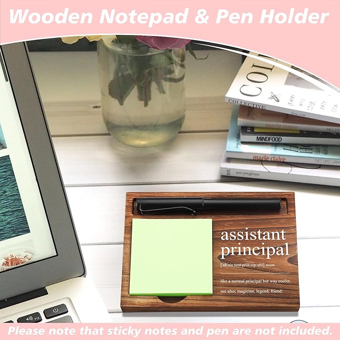 CINRLLA Assistant Principal Sticky Note Holder Wooden Notepad & Pen Holder 6.5"" x 4.7"" Sticky Note Pad Holder Dispenser for Desk Assistant Principal Definition Work Gifts, NPA187, Brown