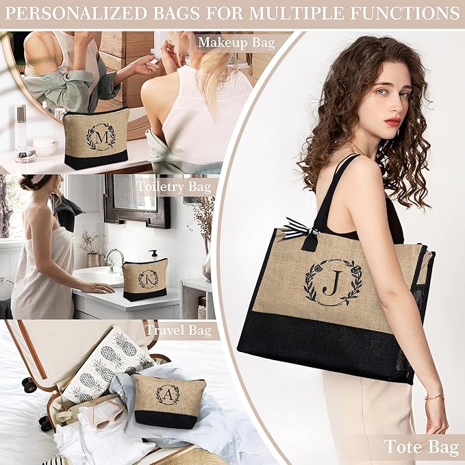 YOOLIFE Christmas Gifts for Women - Initial Tote Bag & Makeup Bag, Birthday Gifts for Women Mom Teacher Friend Christmas Gift