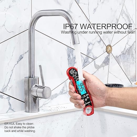 TP-01 Waterproof Digital Instant Read Meat Thermometer with 4.6 Folding Probe Backlight Calibration Function for Cooking Food Candy, BBQ Grill, Liquids,Beef（Red）