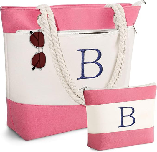 YOOLIFE Christmas Gifts for Women - Initial Canvas Tote Bag & Makeup Bag, Birthday Gifts for Women Mom Teacher Friend Sister