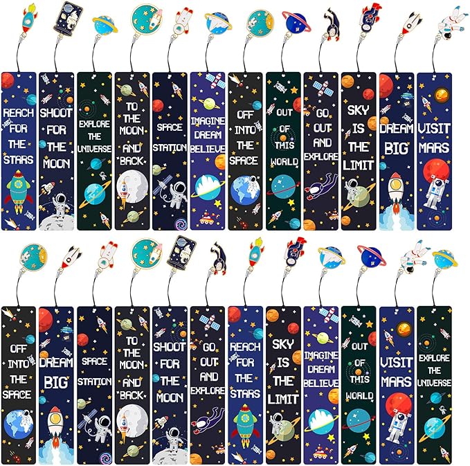Christmas Space Theme Bookmarks with Metal Charms Planet Rocket Space Ship Theme Bookmarks Inspirational Quotes Bookmarks for Space Christmas Party Favors Gifts Kids Boys Girls Encourage(24 Pieces)