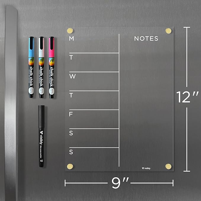 Magnetic Acrylic Weekly Calendar for Fridge, Weekly Meal Planner with Notes, Includes 4 Magnetic Wet-Erase Markers for Refrigerator, 9" X 12" | Silver Hardware