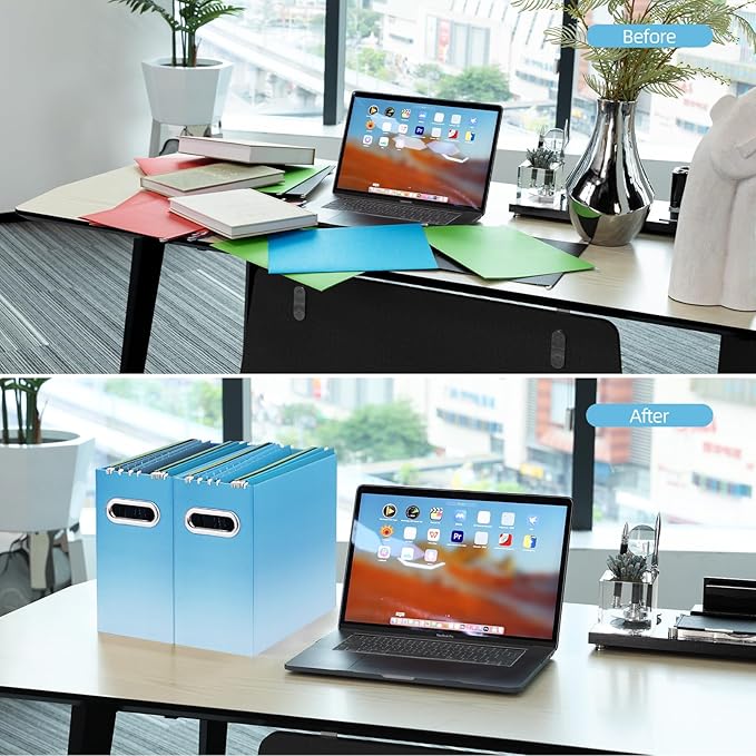 Oterri File Organizer, Small Storage Box, Cardboard File Folder Organizer, Collapsible File Box, Hanging File Organizer for Letter Size, Portable File Box, Only Box (Gradient Light Blue,2 Packs)