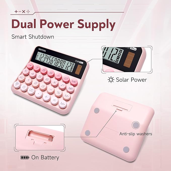 Mechanical Switch Calculator,12 Digits, Large LCD Display,Big Buttons,Solar and Battery Dual Power Mechanical Keyboard Desktop Pink Calculators,Cute and Aesthetic