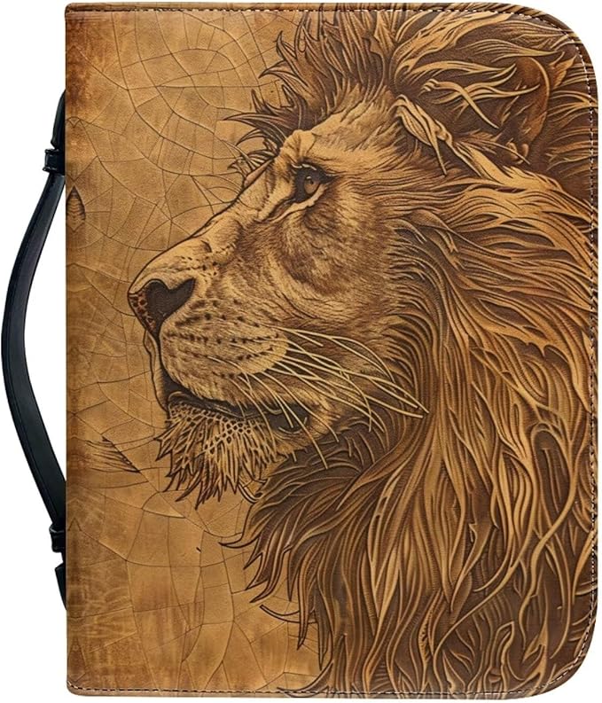 Lotusorchid Lion Print Bible Bag for Men, PU Leather Bible Cover Sturdy Bible Book Carrying Bags Christian Bible Study Accessories for Bible Study, Brown, XL