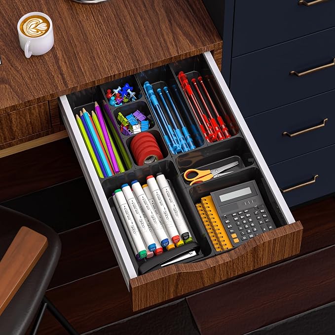 7 Pcs Plastic Drawer Organizer Set,4 Size Small Storage Containers for Organizing Jewelry,Utensil,Junk,Tea,Makeup,Shallow Drawer Organizers Tray Suitable for Office,Desk,Bathroom,Vanity,Kitchen,Black