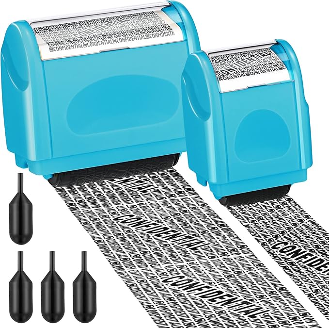 Nezyo 2 Pack Identity Protection Roller Stamp Identity Theft Stamp Confidential Roller Stamp Privacy Stamp Information Blocker Stamp and 4 Pack Refill Ink for ID Account Data Address Security(Blue)