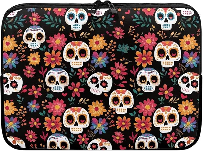 Skull Printed Computer Carrying Cover with Floral Print Laptop Case Bag Easy to Carry Computer Bag, 17 Inch Lightweight Laptop Briefcase Messenger Bag for Women