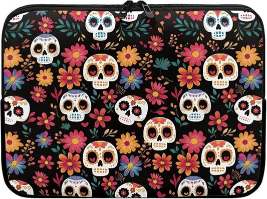 Skull Printed Computer Carrying Cover with Floral Print Laptop Case Bag Easy to Carry Computer Bag, 17 Inch Lightweight Laptop Briefcase Messenger Bag for Women