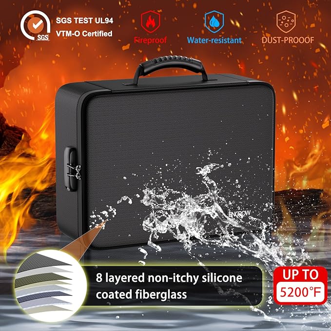 ENGPOW Fireproof Document Box with Lock,5200℉ Soft Case Fireproof Box with 25 Pocket Accordion File Folder,Multi-Layer Fireproof Water Resistant Safe Box File Organizer for Important Documents,Laptop