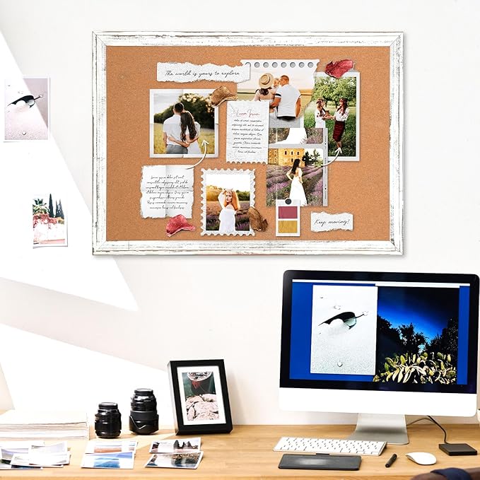 DOLLAR BOSS White Cork Board - 24 X 18 Inches, Rustic Wooden Frame, Decorative Hanging Pin Board for Office & Home Decor